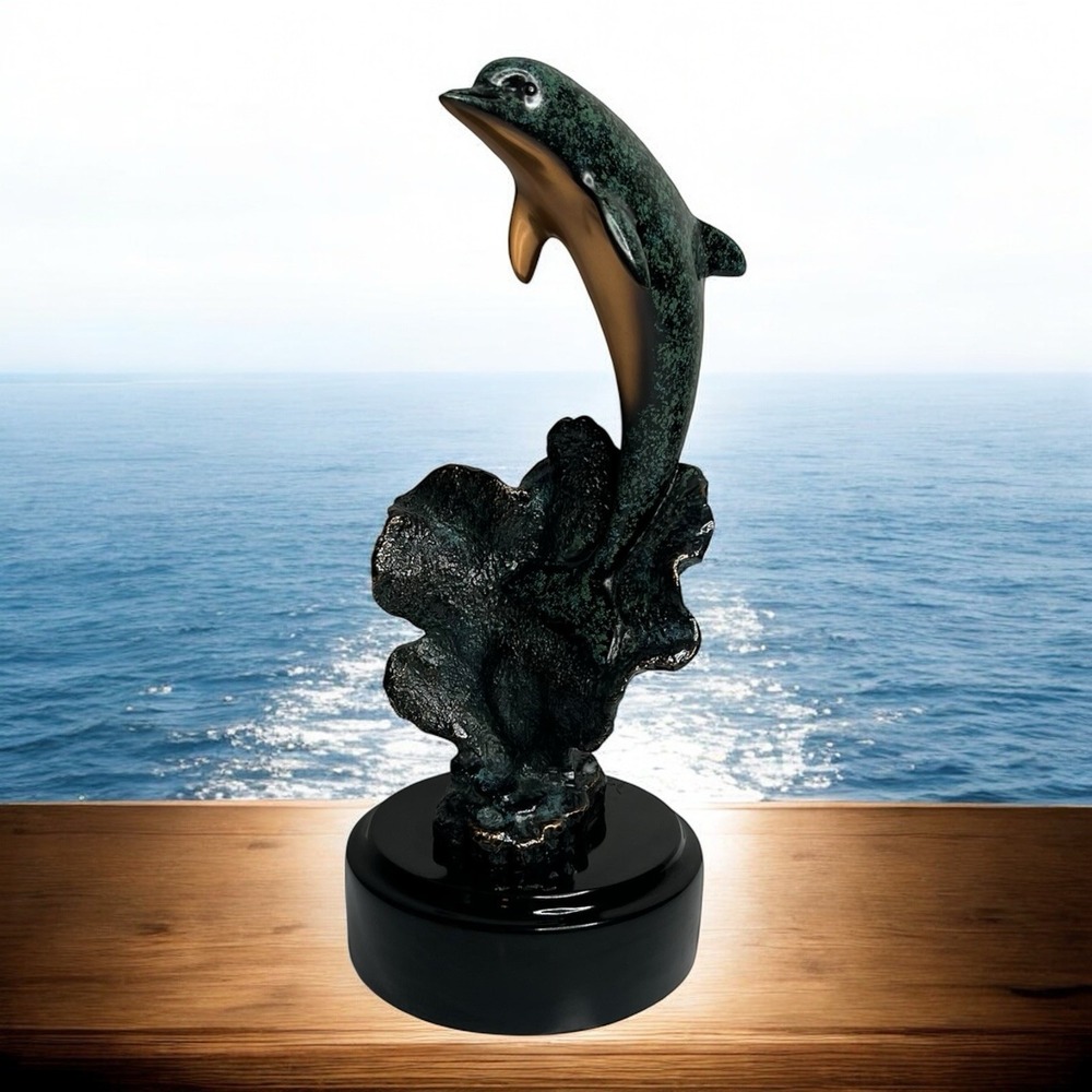 Donjo Dolphin Sculpture Statue Figurine Bronze 2000 Signed Vintage Art Deco Sea